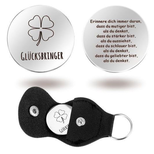 AOZUO Motivational Bag, Embrace, Lucky Charm, Four Leaf Clover, Lucky Coin, Embrace Coin, Keychain Pendant, Lucky Charm, Test, Motivational Gifts (Silver)