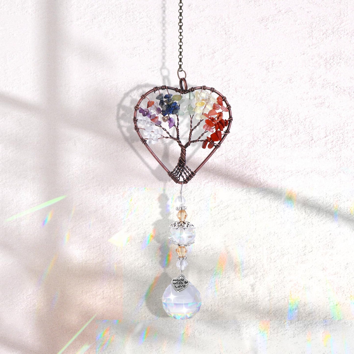 Amaxiu Crystal Sun Catcher for Window, Tree of Life Sun Catchers Decor with Prisms Hanging Suncatcher with Crystal Heart Shaped Hanging Ornament Chakra Stones Window Crystal Ball Prism
