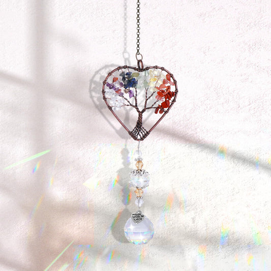 Amaxiu Crystal Sun Catcher for Window, Tree of Life Sun Catchers Decor with Prisms Hanging Suncatcher with Crystal Heart Shaped Hanging Ornament Chakra Stones Window Crystal Ball Prism