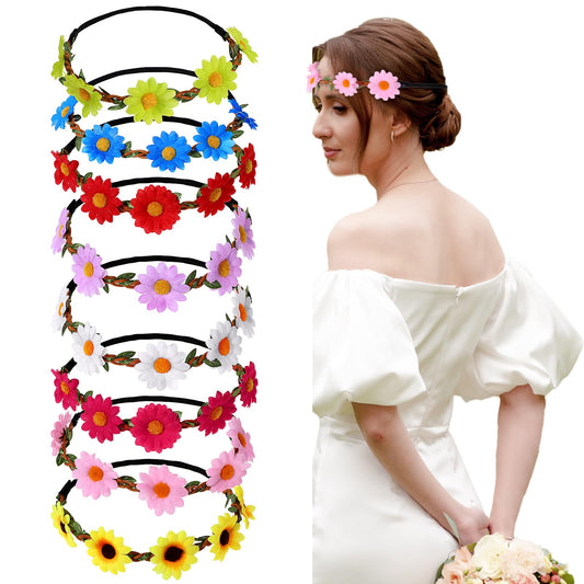 Andibro 8 Pcs Sunflower Headband Crown Headpiece Daisy Boho Floral Garland Hair Wreath Garland Adjustable Elastic Flower Hair Band for Bridal Wedding Parties Festivals Performances Photo Props