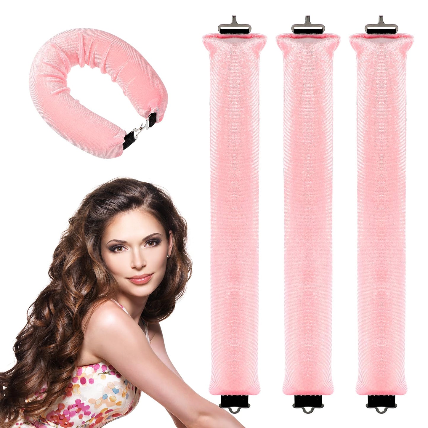 Andibro 3 Pack Heatless Hair Curler, Overnight Heatless Curls Blowout Rods Headband Soft DIY Wave Hair Rollers, Flexi Rods with Hook No Heat Curls to Sleep Styling Tool for Most Hair Types(pink)