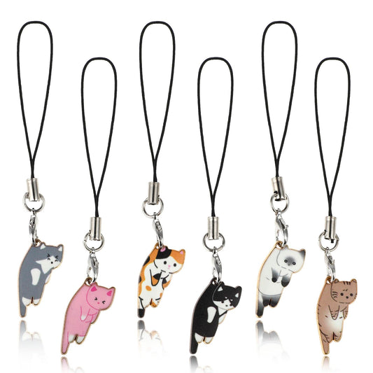 Jeffdad 6pcs Cute Kitten Phone Charm, Kawaii Phone Charm Keychain Handmade Bracelet Anti-lost Phone Chain Strap for Women Girls