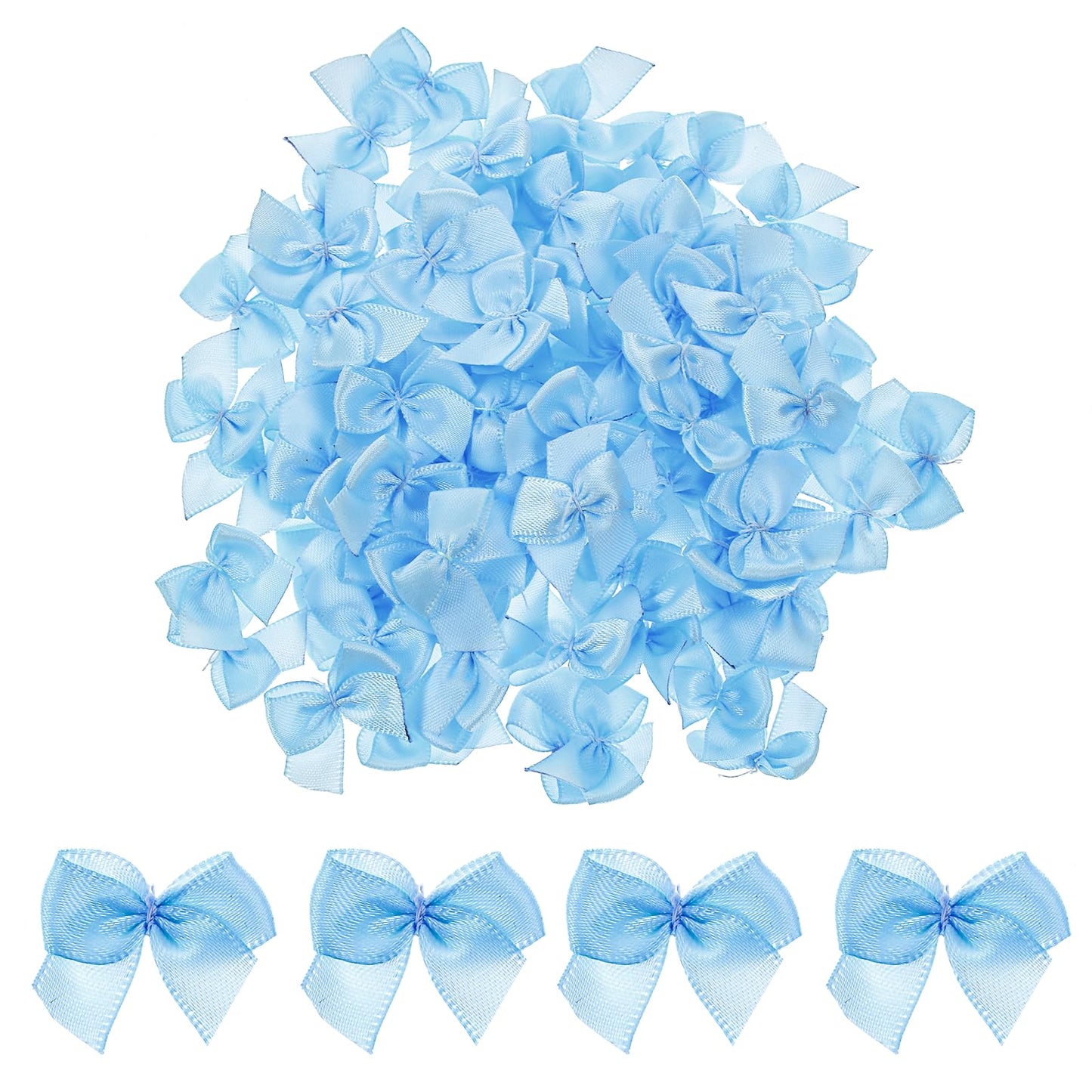 AOZUO 100 Pieces Small Bows for Crafts, Mini Blue Satin Ribbon Bows Flowers Appliques DIY Craft Pre-Tied Wrapping Bow for Sewing Scrapbooking Wedding Gift Christmas Birthday Party Decoration(Blue)