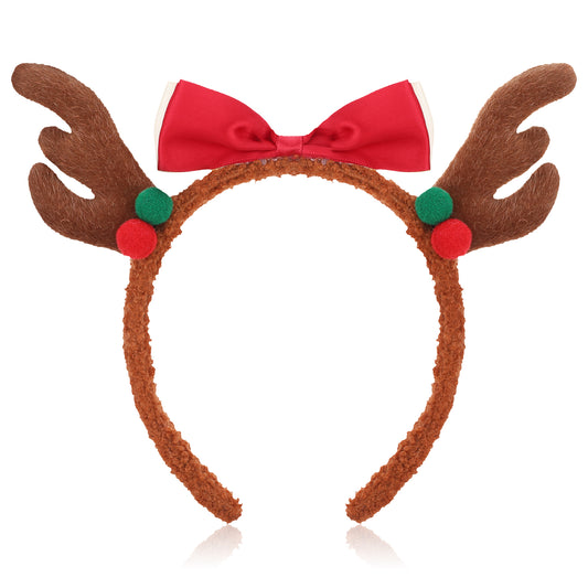 JIEYAO Deer Antlers Headbands, Xmas Reindeer Antler Head Accessories Animal Ears Headband Party Cosplay Deer Costume with Bow(Red)