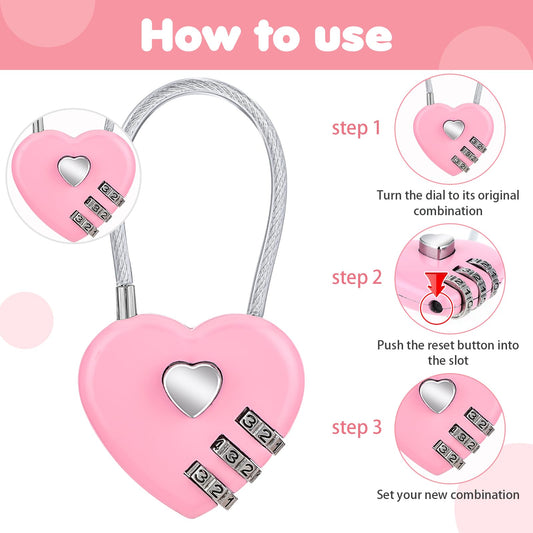 Andibro 3 Pcs Heart Combination Locks, Pink Suitcase Lock, Cute Locker Code Lock Mini Heart-Shaped Cable Padlock Small Steel Wire Rope Waterproof Locks for Travel Bags Backpacks(Original Code:0-0-0)