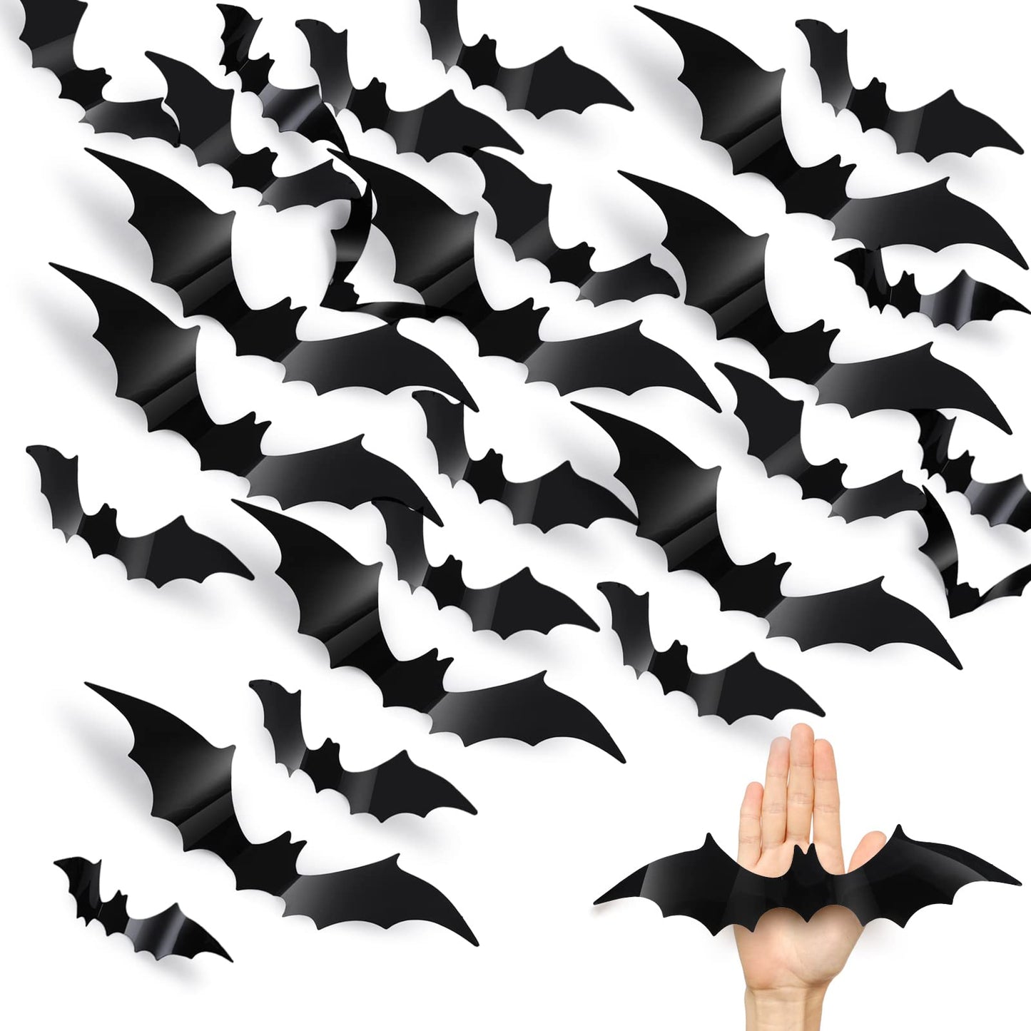cobee Halloween 3D Decorative Bats, 44 Pcs 4 Sizes 3D Bats Stickers, Black Plastic Scary Bats Wall Decals for DIY Home Window Decoration Halloween Theme Party Supplies