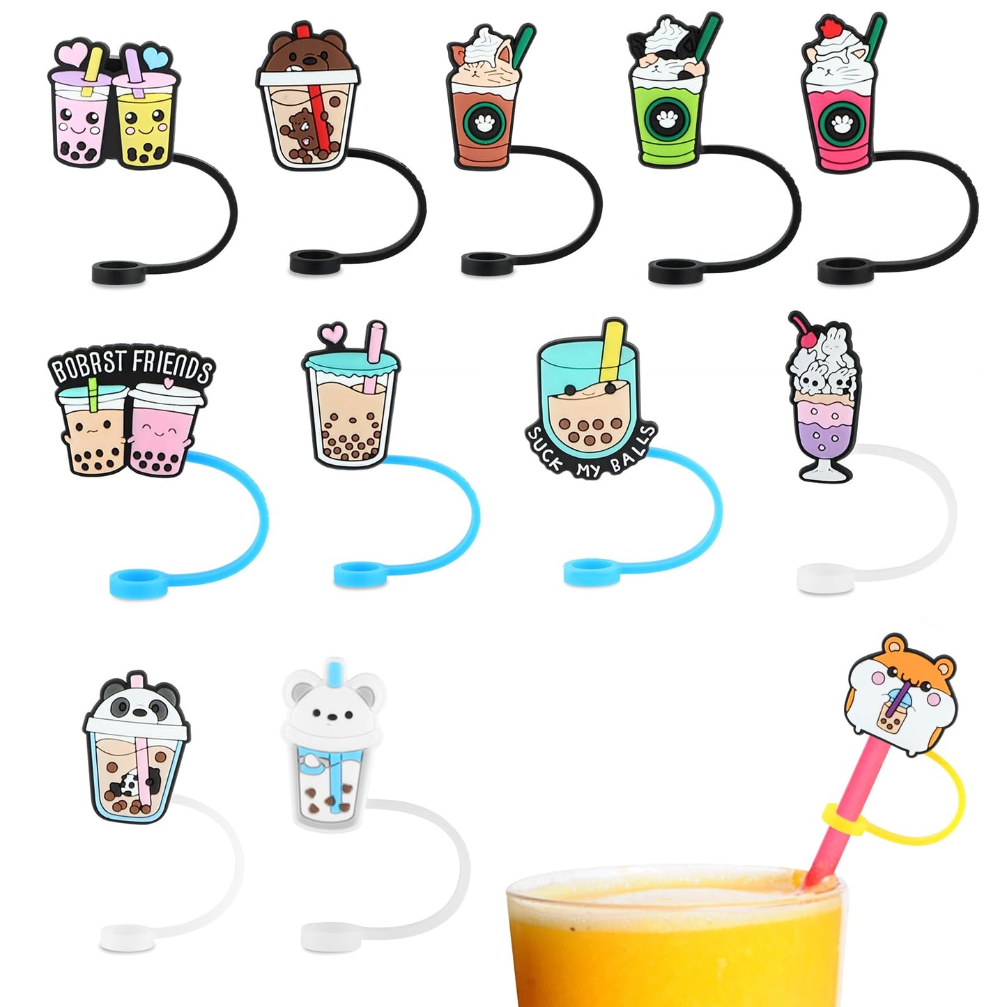 cobee Reusable Silicone Straw Covers for 6-8mm Straw, 12 Pieces Cute Drinking Straw Caps Cartoon Straw Tips Lids Soft Dust-Proof Straw Plugs Straw Cover Cap Outdoor Decor