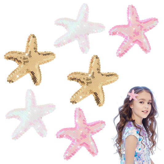 Amabro 6PCS Starfish Hair Clips, Sea Star Hair Barrettes Starfish Hair Accessories Seashell Headpiece Hair Claw Glitter Hair Alligator Clip Sequins Hairpins for Women Girls (White, Pink, Yellow)