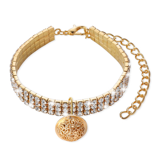 Cobee Bling Pet Collar with Diamonds and Palace Bell, Sparking Three-row Rhinestones Detachable Cat Necklace Collar with Luxury Pendant Elastic Cat/Dog Collar with Huge Bell for Puppy Kitten(Gold)