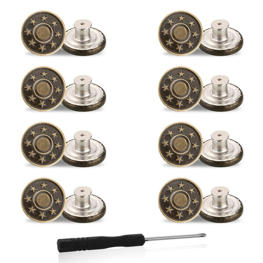 Amaxiu Jeans Buttons Replacement, 8PCS Instant No Sew Buttons for Pants Removable Metal Pant Buttons Tightener Adjustable Button Replacement Kit with Threads Rivets and Screwdriver (17mm)