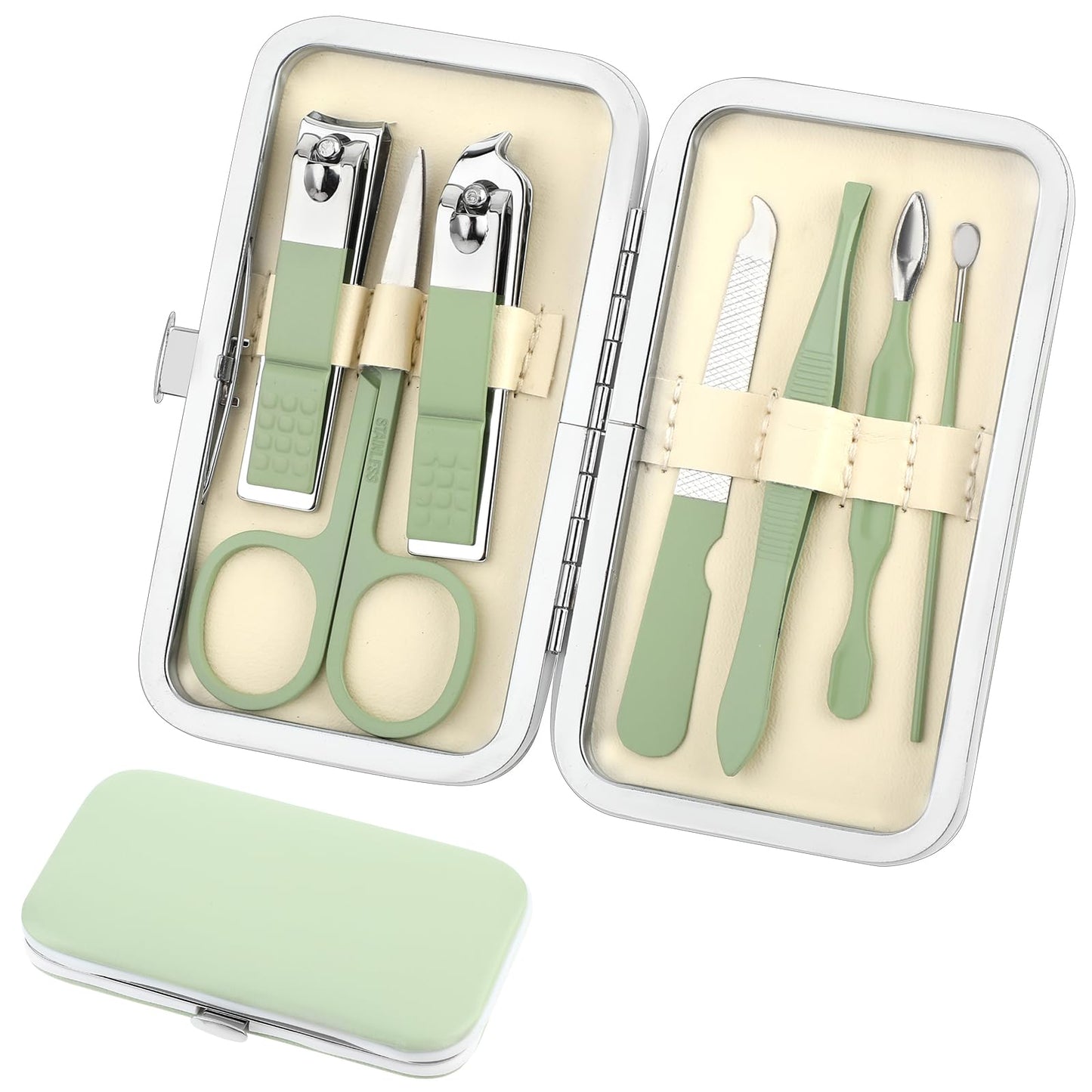 simarro Travel Manicure Set, 7 in 1 Manicure Pedicure Kit for Women, Stainless Steel Nail Clipper Personal Care Nail Tools Kit for Home Workplace Outdoor Travel(Matcha Green)