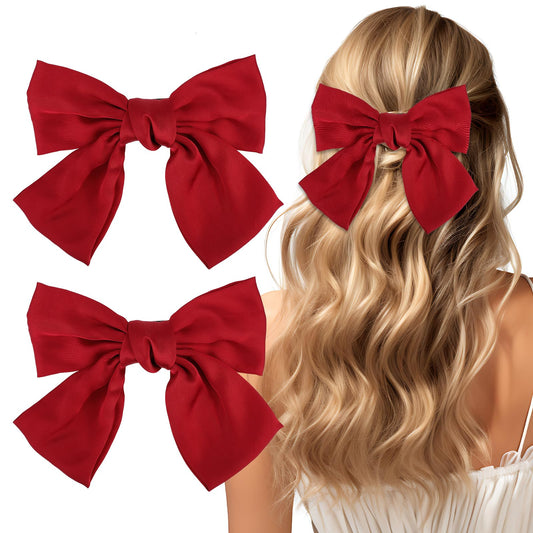 Andibro 2 Pcs 6'' Hair Bows for Women, Short Satin Hair Bow Clips, Silky Double Layer Big Hair Bows Red Hair Bow Barrettes Cute French Hair Styling Accessories for Women Girls(Red)