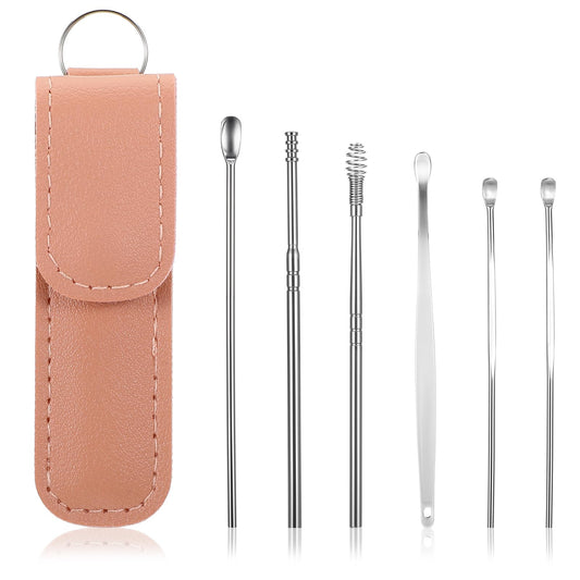 AOZUO 6Pcs Ear Wax Removal, Ear Cleaner Kit Premium Stainless Steel Ear Wax Removal Kit Ear Pick Cleaner Earwax Curette Removal Tools with Pu Leather Case for Men Women Home Travel