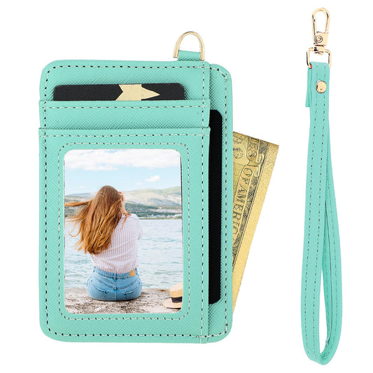 Giantree Slim Minimalist Front Pocket Wallet, Slim Wallet Credit Card Holder with ID Window D-Shackle Keychain Removable Lanyard Strap for Women and Men(Green)
