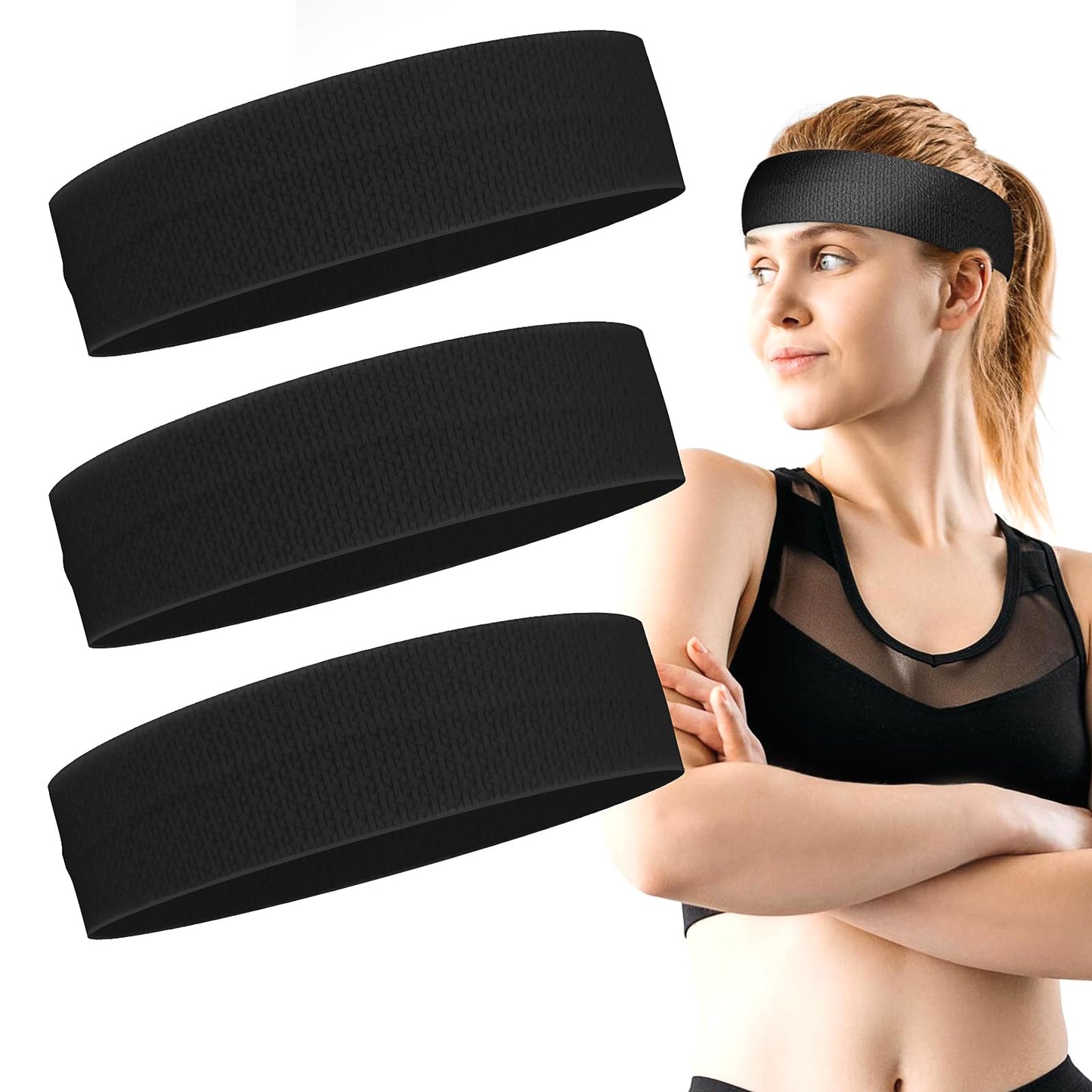TIESOME 3 Pack Sport Headbands for Men & Women, Elastic Athletic Sweatbands Non-Slip Sweat Hair Bands Moisture Wicking Exercise Hairbands Soft Fabric Hair Warp for Workout Yoga Running(Black)