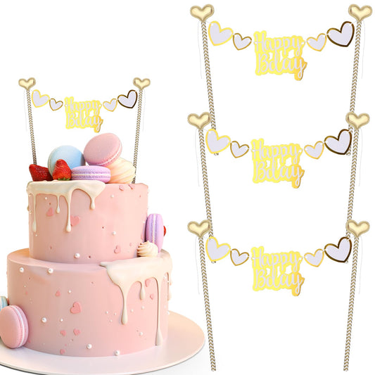 AOZUO Pack of 3 Happy Birthday Cake Topper Bunting Set, Happy Birthday Cake Decoration, Golden Heart Bunting Banner Cake Topper for Boys Girls Birthday Party Baking Decoration