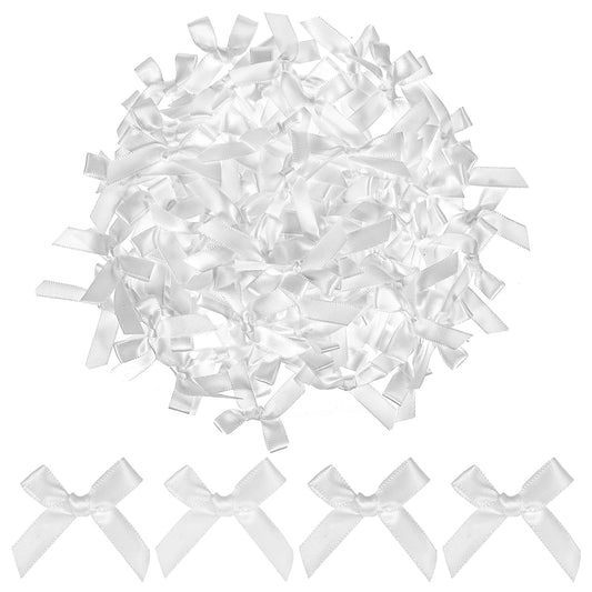 AOZUO 100 Pieces Tiny Bows, Mini White Bows DIY Satin Fabric Bow Gift Wrapping Small Ribbon Bow Premade Bow for Treat Bags Cake Pops Candy Wedding Favors Bridal Shower Christmas Decor(White)