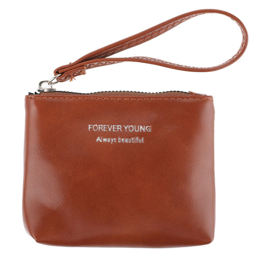 TIESOME Coin Purse with Wrist Strap for Women, PU Soft Leather Zipper Coin Purse Portable Coin Purse Mini Small Wallet for Women Coin Pocket Credit Card ID Key Headset Lipstick (Brown)