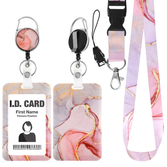 Marble Print Badge Holder, Worker Badge Holder Retractable Badge Reel Clip with Breakaway Lanyard Vertical Card for Nurse Doctor Office School Teacher Name Credit Card Pocket (Purple)