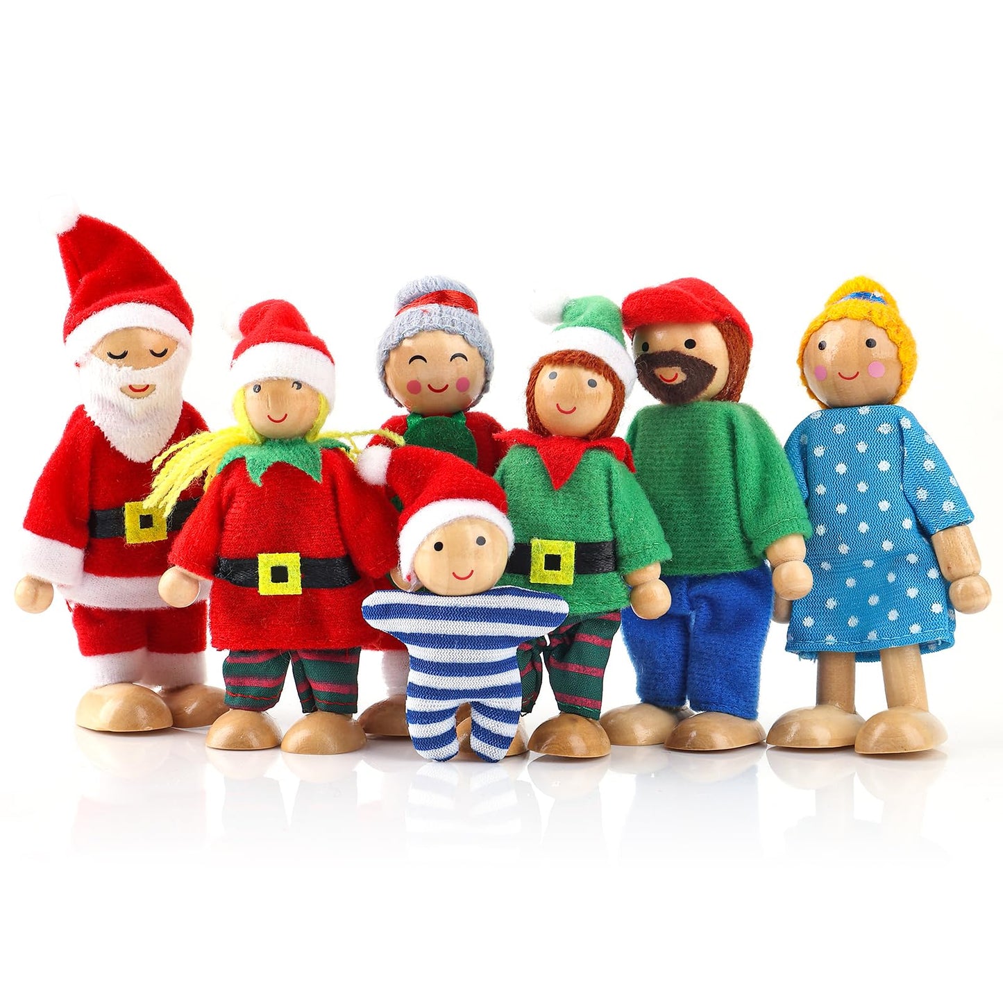Amaxiu Christmas Dollhouse Family Figures, 7 Pcs Wooden Xmas Family Dolls Dolls House Christmas People for Role Play Pretend Play Playset Party Favor Accessories