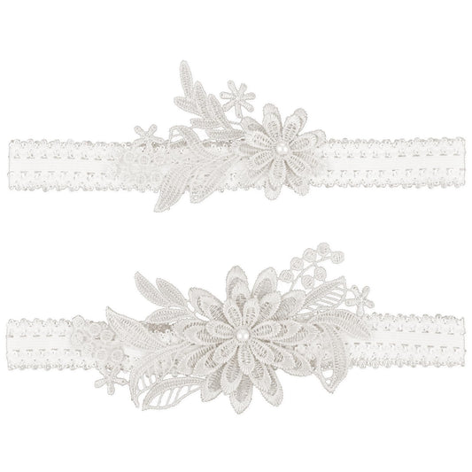 Amabro Wedding Elastic Garter, 2PCS Lace Floral Bride Garter with Pearls Stretchy Bridal Leg Garter Daisy Flower Garter Band Bridal Accessories for Women Girls Party Prom(White)