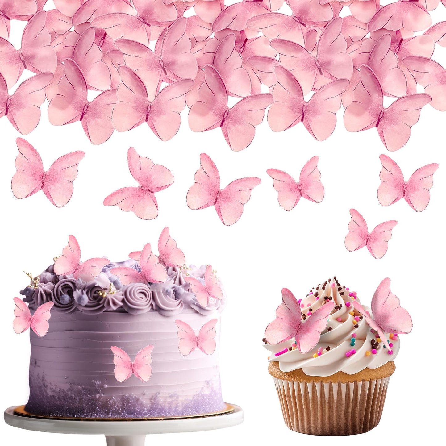 TIESOME 48 Pcs Edible Butterflies for Cake Decorating, Vivid Butterfly Cake Topper Butterfly Cupcake Decorating for Wedding Birthday Anniversary Flower Themed Party Decorating Princess Games(Pink)