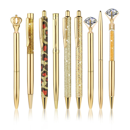 Bewudy 9 PCS Crystal Diamond Pens, Retractable Metal Ballpoint Pen Crystal Glitter Pens Black Ink Fancy Pens Gifts for Women Girls School Wedding Office Desk Supplies(Gold)