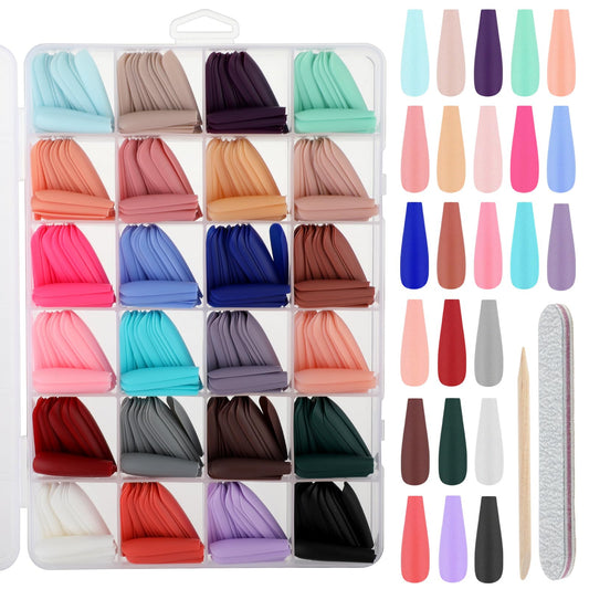 Andibro 576Pcs Press on Nails Set, 24Colors False Nails Medium Length Coffin Press On Nails Full Cover Stick on Nails Fake Nails Kit Tips Light Artificial Nails for Women Girls Nails Art Decoration(B)