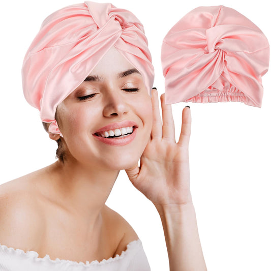 Amabro Adjustable Satin Silk Sleeping Bonnet, Night Sleep Cap Turban Large Silk Satin Hair Wrap Double-Layer Bonnet (Pink)