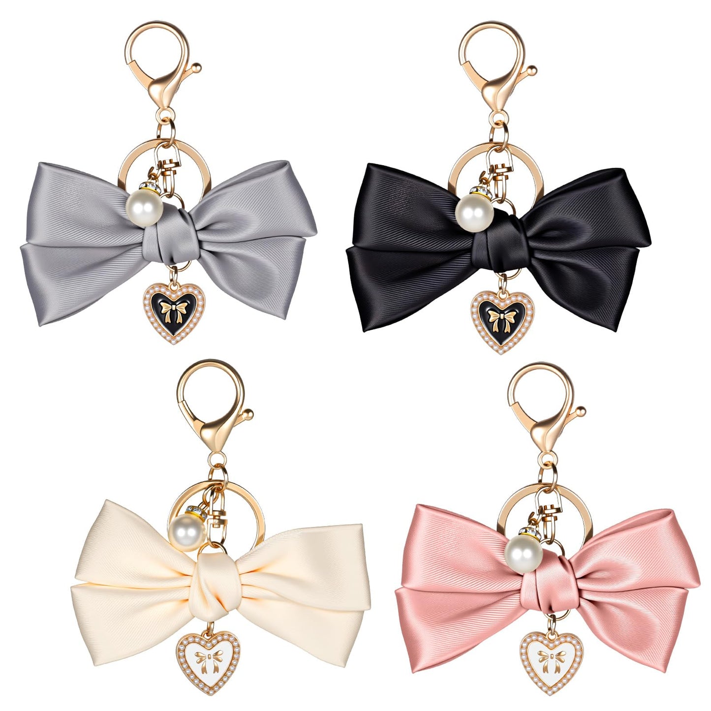 XLIUAX 4 Pack Bow Bag Charms for Purse, Bowknot Keychain for Handbag Cute Bow Car Key Chain Black White Pink Gray Bowknot Key Ring Bag Charm Pendant
