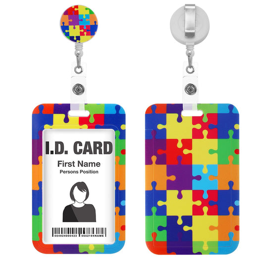 Giantree Heavy-duty Badge Holder with Retractable Reel Clip, Autism Awareness ID Badge Holder with Carabiner Clip Vertical Card Tag Badge Protector Cover for Work Office Nurse Teacher Women Men