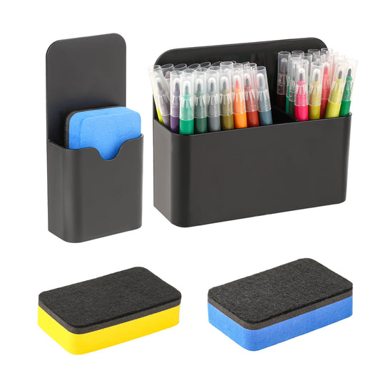 Jeffdad 2 Pcs Magnetic Pen Holder with Magnetic Blackboard Erase, Magnetic Dry Erase Whiteboard Marker Holder, White Magnetic Wall Pen Holder For Whiteboard Fridge Refrigerator Office Home(Black)