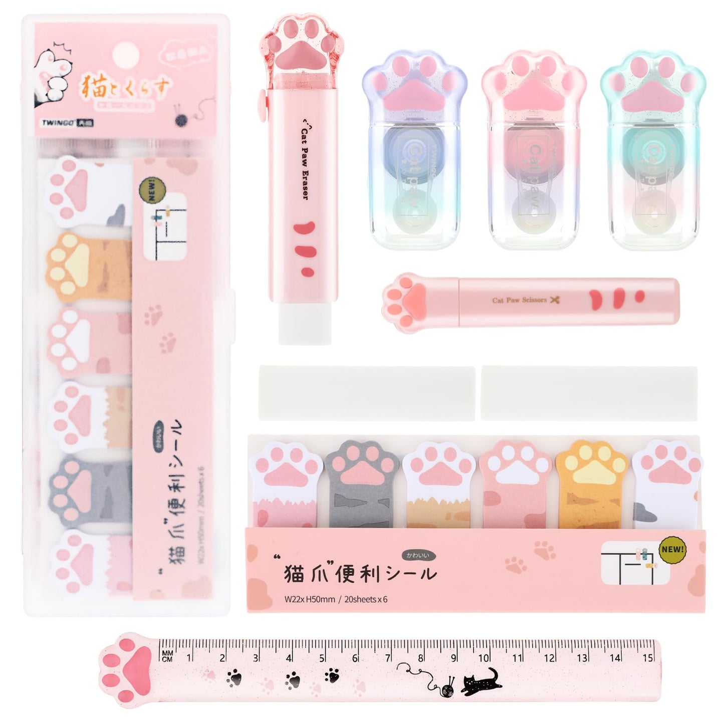 TIESOME 10 Pcs Cute Cat Paw Stationery Set, Cartoon Cat Stationary Kit Kawaii Cat School Supplies Retractable Eraser Eraser Replacement Correction Tape Sticky Notes Ruler Mini Scissors(Pink)