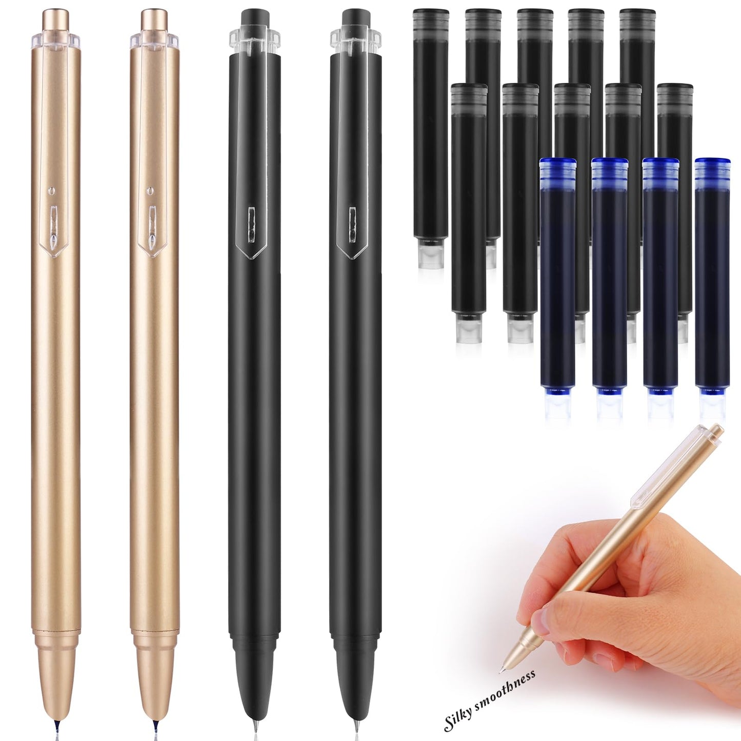 cobee Retractable Fountain Pen Set, 4 Pieces EF 0.5mm Writing Pen with 14 Pcs Ink Sac(4 Pcs Preloaded In Pen) Calligraphy Pen Smooth Writing Pen Extra Fine Point for School Office Supplies(A)