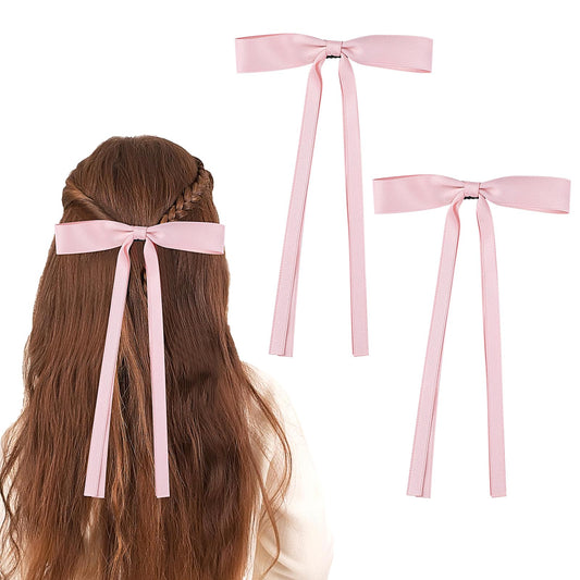 Bewudy 2 Pcs Bowknot Hair Ribbon Clips, Hair Bows for Women Ponytail Holder, Tassel Ribbon Bowknot With Long Tail, Hair Accessories for Women Girls(Pink)