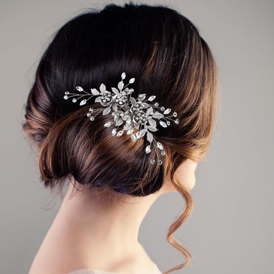 Amaxiu Rhinestone Wedding Hair Clip, Flower Bride Hairpiece Crystal Bridal Hair Barrettes Hairpins Wedding Hair Accessories for Women Girls (Silver)