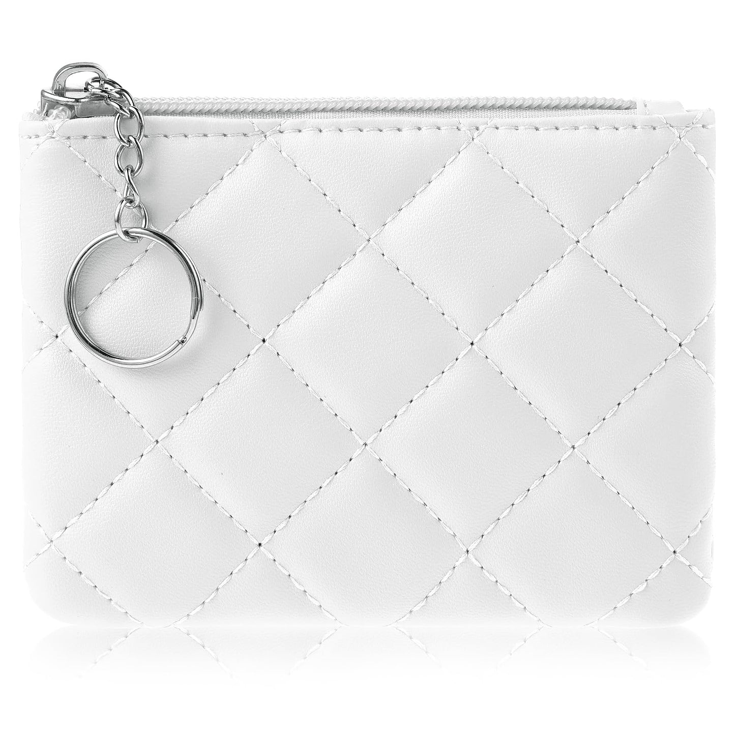 TIESOME Coin Purse, Rhombus Embroidery PU Zipper Coin Purse Portable Wallet Short Ladies Coin Purse Zippered Keychain Mini Coin Bag for Women & Men Coin Wallet (White)