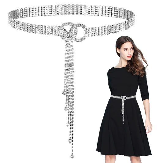 JIEYAO Rhinestone Waist Belt for Women, Adjustable Silver Waist Chain Belt Crystal Bling Belt Diamond O-Ring Waistband