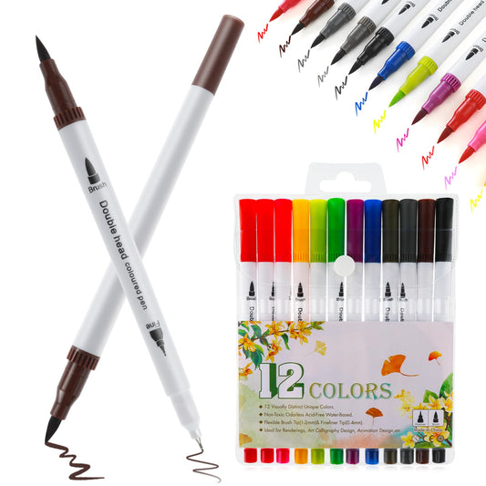 cobee 12 Pack Colorful Brush Calligraphy Art Pens, Water Based Colors Double Tip Brush Art Pens, 0.4mm Artist Fine & 1-2mm Brush Pen, Watercolor Art Drawing Pens for Painting, Sketching, Note Taking