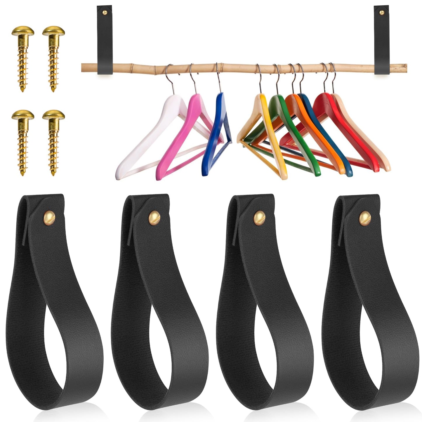 simarro 4Pcs PU Leather Hook Lanyard, Wall Hanging Straps Hanger Wall Mounted Hooks Towel Hook Curtain Rod Holder for Bathroom Kitchen Bedroom Boho Style Decor (Black)