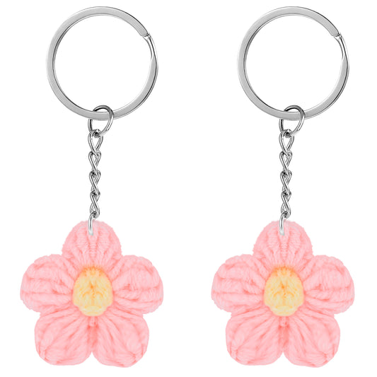 AOZUO 2pcs Daisy Keychain, Crochet Daisy Flower Keyring Handmade Weaving Floral Bag Charms for Purse Wallet Handbag Bags Decor(Pink)