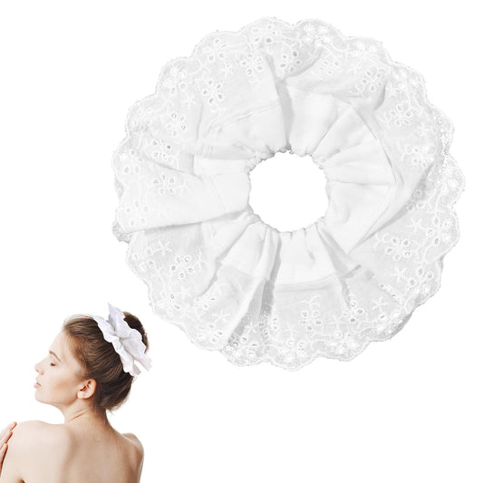 AOZUO Big Scrunchies for Women, White Oversized Lace Flower Scrunchie Double Layer Elastic Ponytail Holders Large Hair Tie Hair Band Hair Scrunchies Accessory for Thick Curly Hair