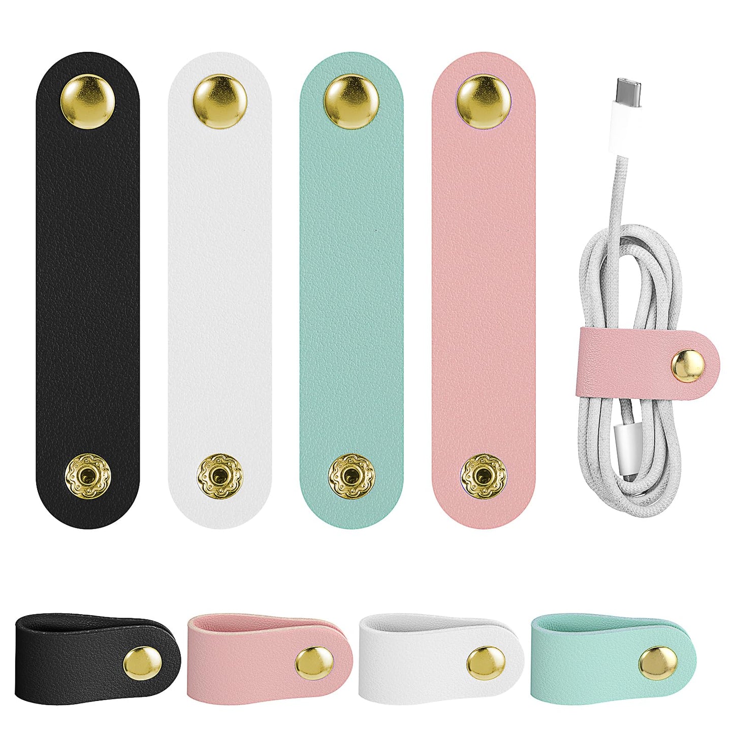 AOZUO 8Pcs Cord Organizer, Leather Cable Straps Reusable Cable Ties Clips Portable Cable Organizer Holder Keeper Manager for USB Data Holder Earphone Cable?White, Black, Green, Pink)