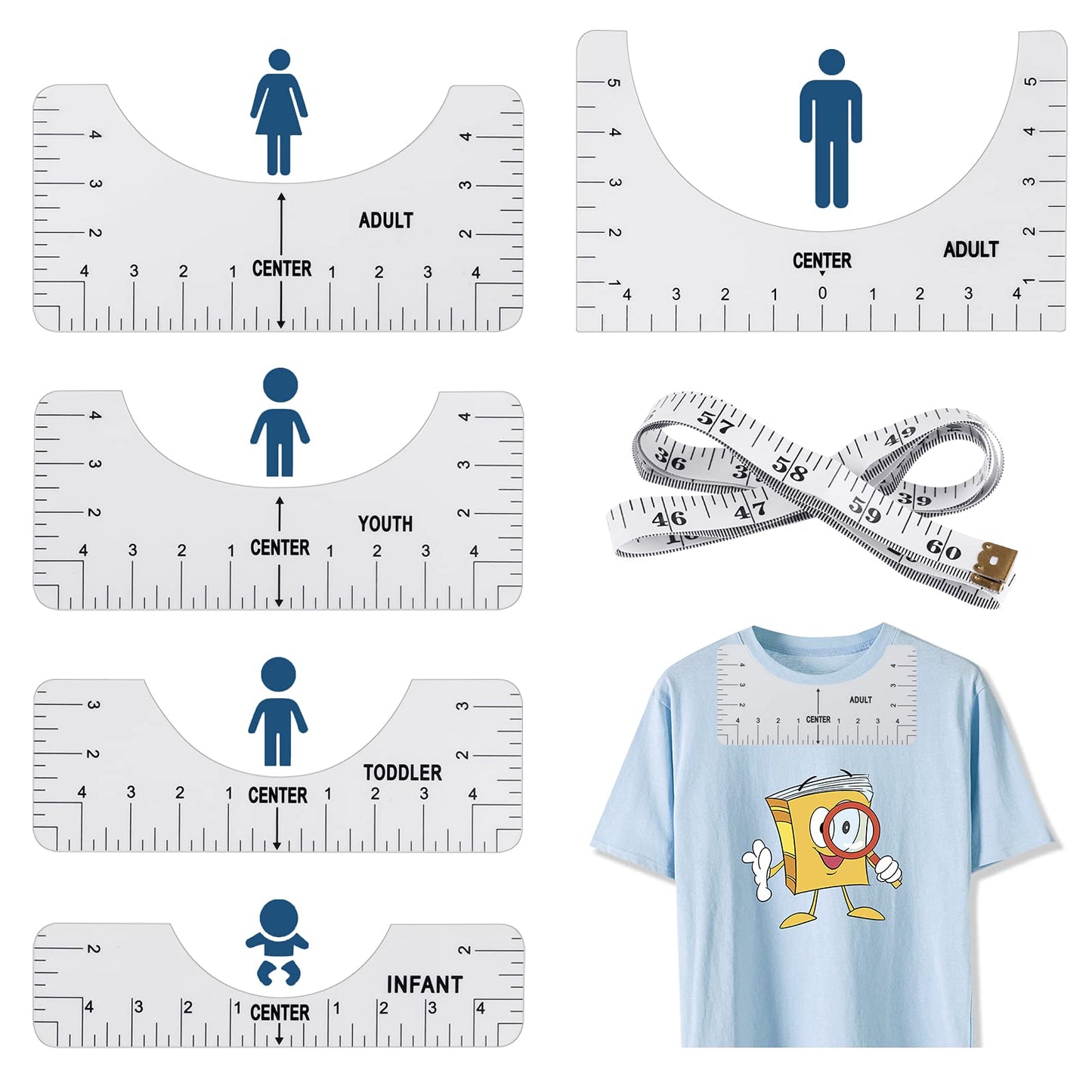 Molain T-shirt Ruler Guide, 5 Pieces T-Shirt Alignment Tool to Center Design T-Shirt Sewing Collars Center Design for Adult Youth Toddler Infant