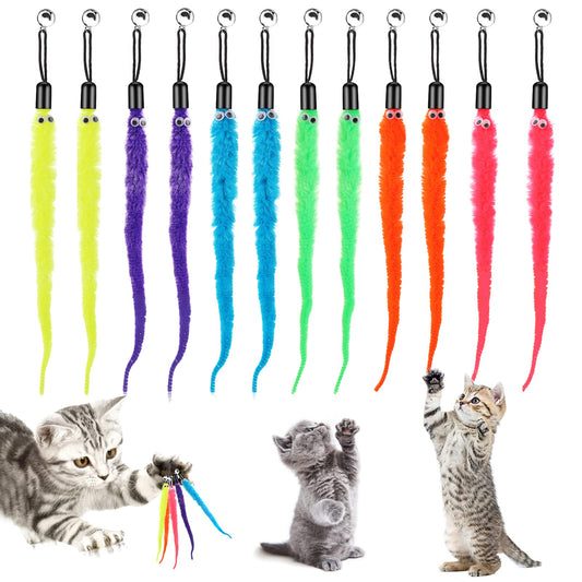 cobee 12pcs Cat Worm Toy Refills, Cat Wand Toy Replacement Refills Furry Tail Worm with Bells Assorted Teaser Refills with Bell for Cat Kitten Worm Refills Attachment for Cat Wand