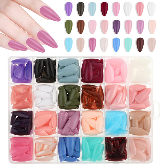 cobee 576pcs Press on Nails, 24 Colors Full Cover Stick on Nails Acrylic False Nail Tips with Nail Storage Case for Women DIY Nail Art Design Salon Cosplay Party Supplies, 12 Sizes(Almond)
