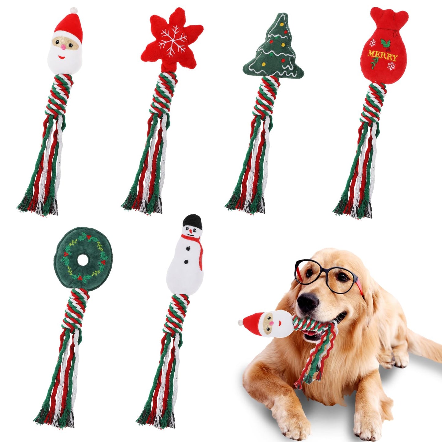 Amaxiu Christmas Dog Chew Toy Set, 6PCS Xmas Dog Rope Toys Puppy Squeaky Toy Chew Training Toys Santa Dog Plush Interactive Toys Teething Toys for Dog Puppy (A 6Pcs)