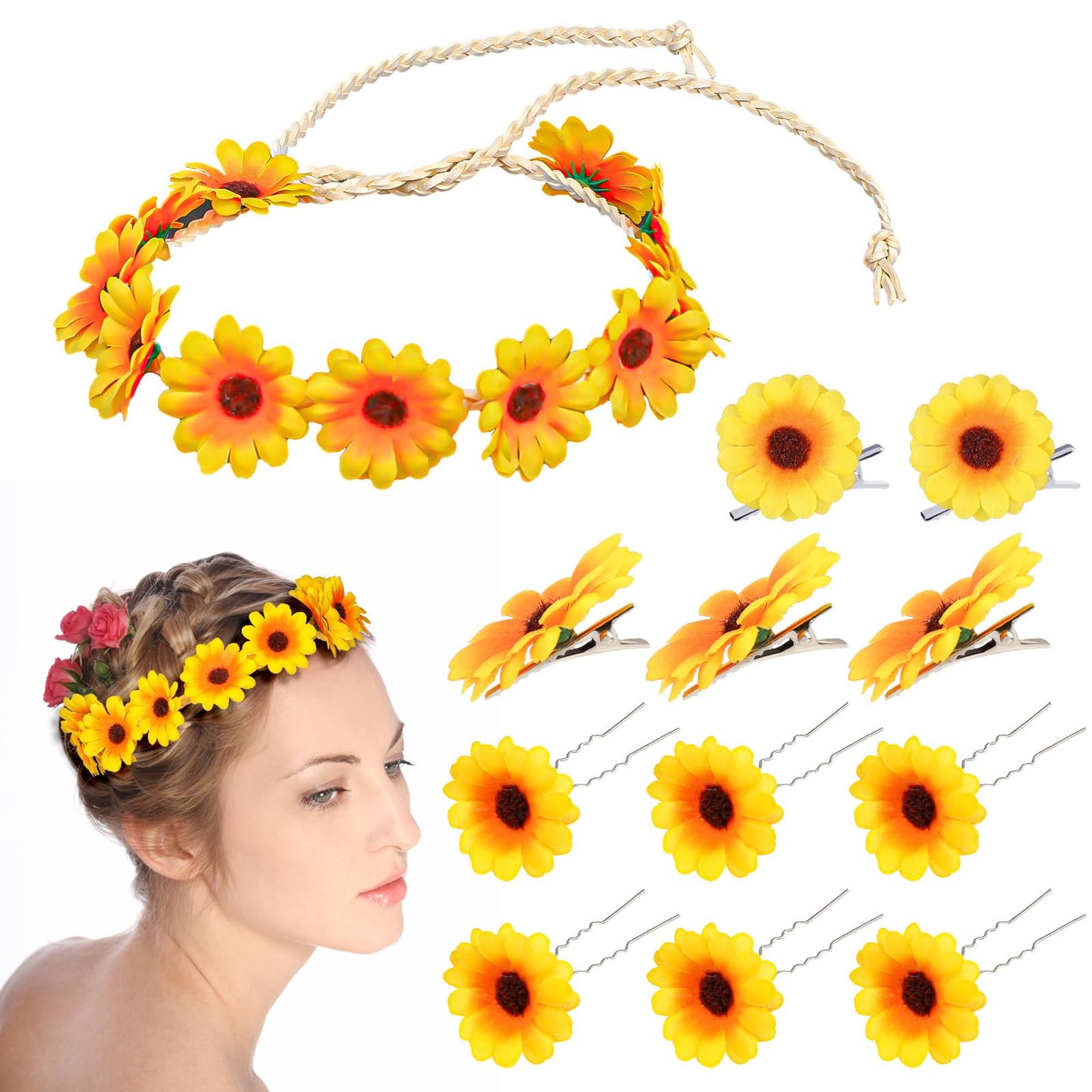 TIESOME 12 Pcs Fashion Sunflower Crown, Hippie HairBand Daisy Flower Headband Set For Women Baby Girl Flower Headpiece Boho Sunflower Hair Wreath Bridal Headpiece Girls Kids Baby Princess