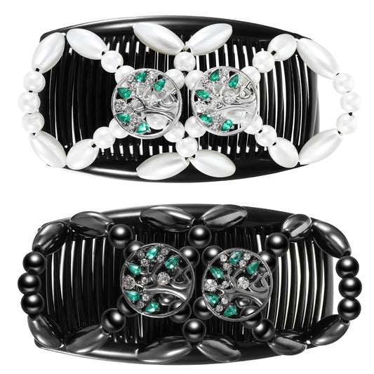 JIEYAO 2 Pcs Double Hair Comb Clips, Stretchy Magic Hair Combs, Elastic Wood Beaded Hair Bun Fashionable Stretchy Hair Clip for Women Girls Hair Accessories DIY Hairstyle Curly Thick Wavy Hair