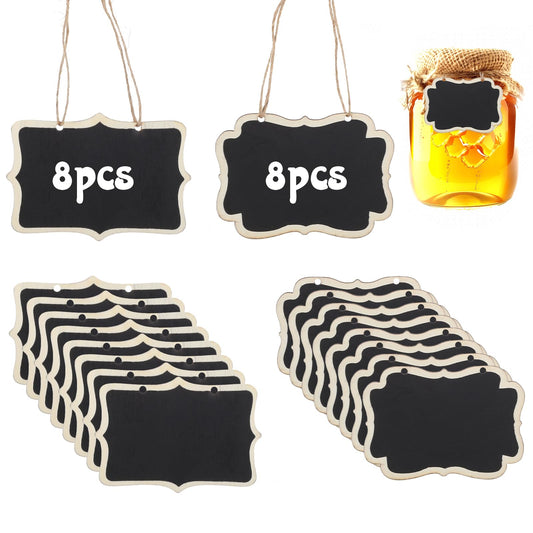 AOZUO 16 PCS Mini Chalkboard Tags with String, Small Hanging Wooden Chalkboard Signs Message Board Labels for Party Buffet Food Name Price Tags Hanging Blackboard